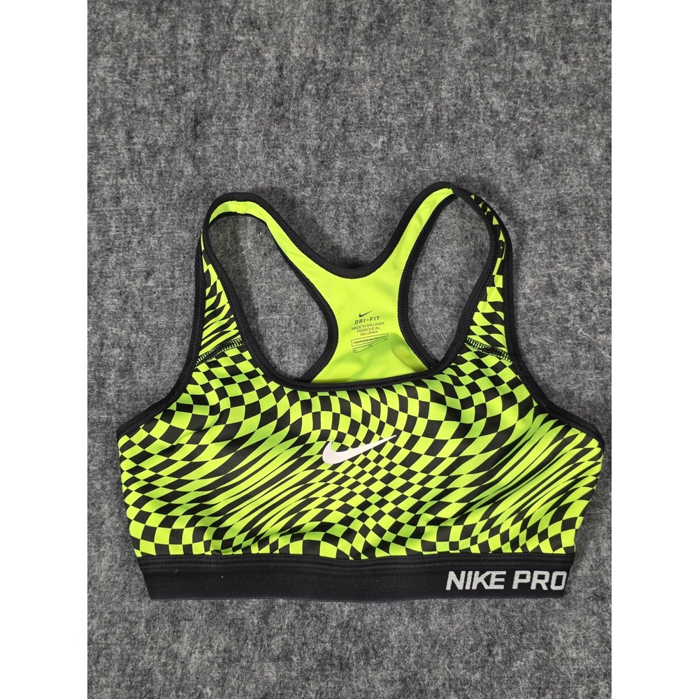 Nike Sports Bra M Yellow Black Checker Warp Racerback Dri-FIT Pro Womens